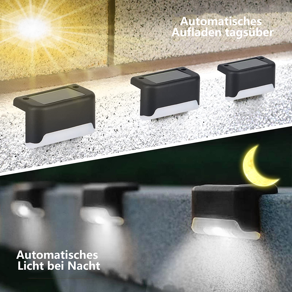 Solar-Stufenlichter. Schwarze und weiße Lichter an einer Wand, mit einer Sonne- und Mond-Illustration. Text auf Deutsch.