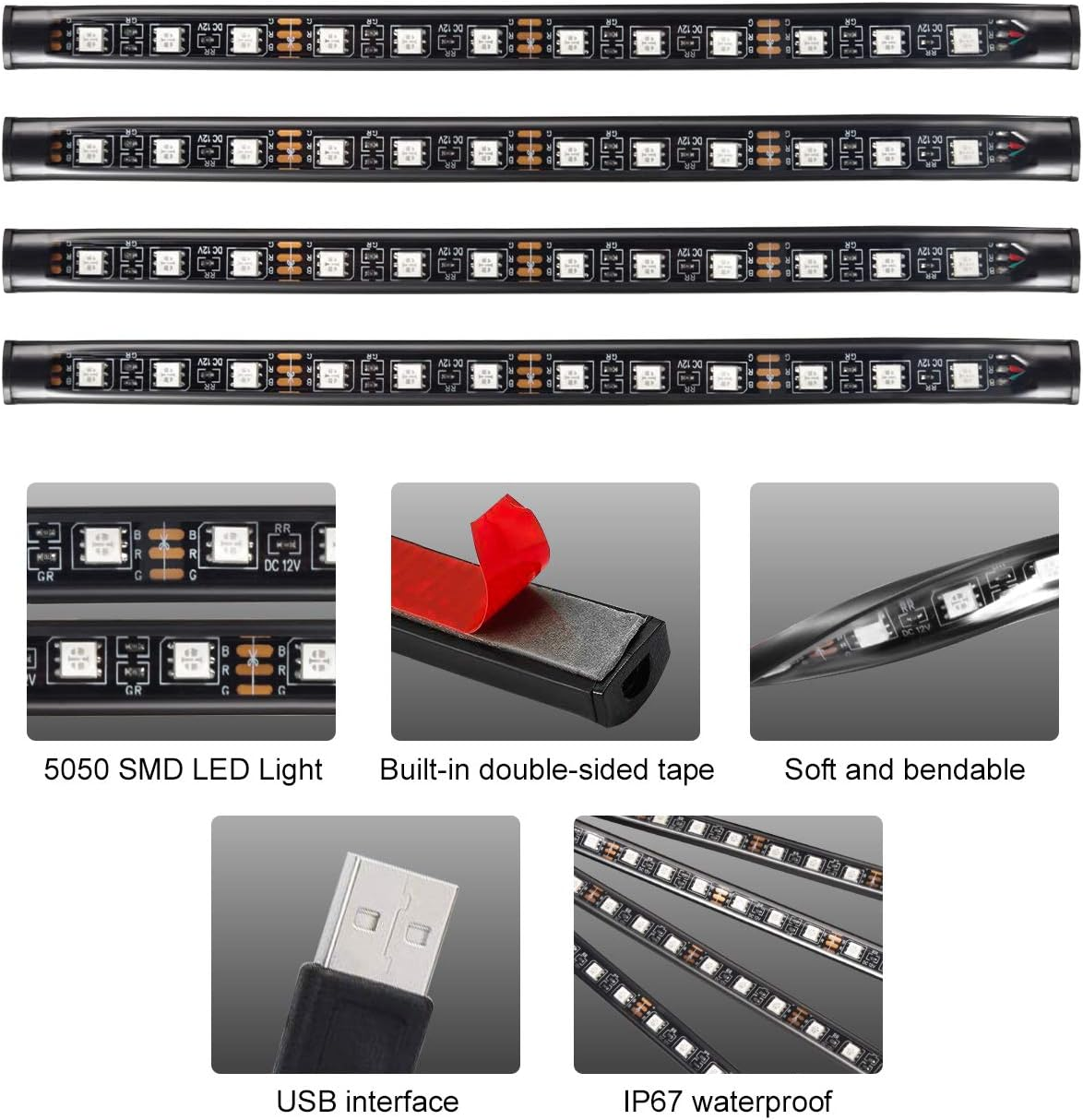 LED-Lichtstreifen mit verschiedenen Funktionen: 5050 SMD, doppelseitiges Klebeband, weich und biegsam, USB-Schnittstelle und IP67 wasserdicht.