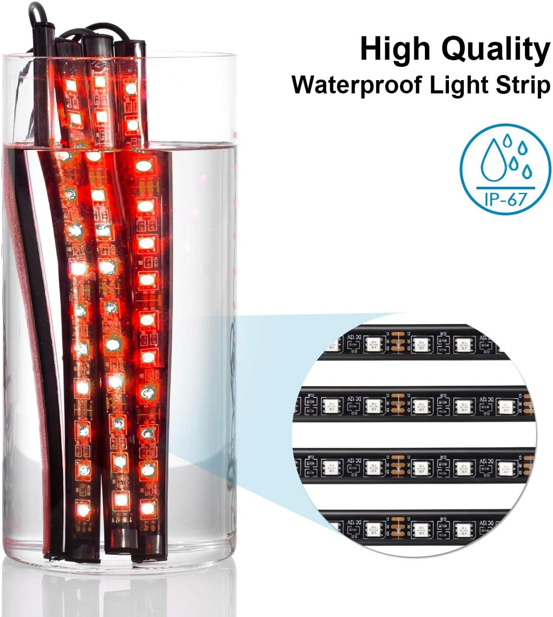 Rote LED-Lichtstreifen in Wasser in einem Glas. Text: Hochwertiger wasserdichter Lichtstreifen. IP-67-Schutzart.