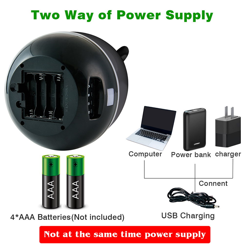 Das Bild zeigt Optionen für die Stromversorgung: 4 AAA-Batterien, Computer, Powerbank und Ladegerät. Auch USB-Aufladung.