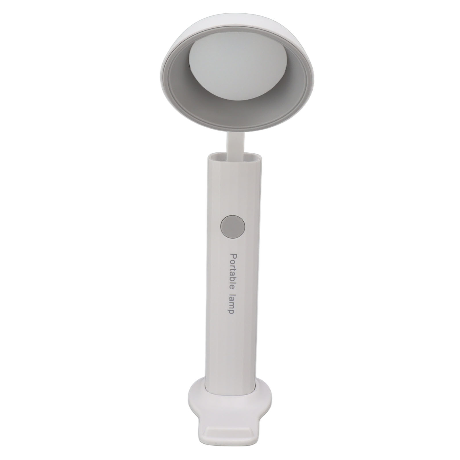 Weiße tragbare Lampe mit grauem Schirm, Glühbirne, Knopf und den Worten 'Portable Lampe'.