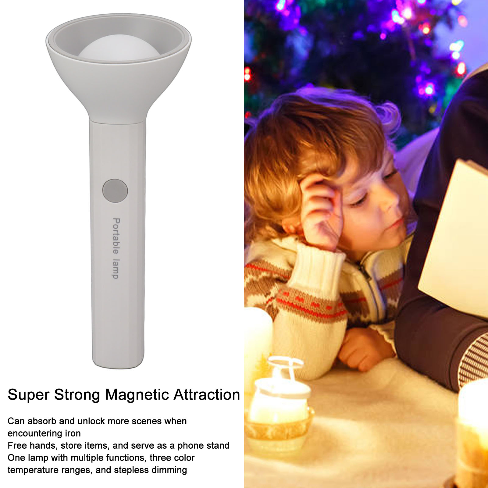 Links eine weiße tragbare Lampe. Ein Kind liest ein Buch mit einem Weihnachtsbaum im Hintergrund.