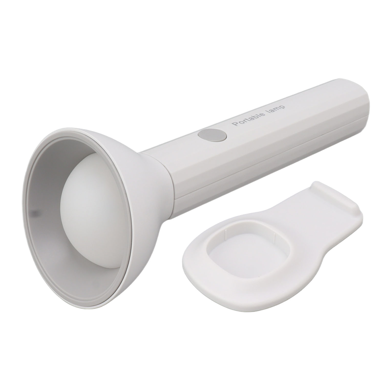 Eine weiße tragbare Lampe mit Ständer. Die Lampe hat ein rundes Licht und einen Knopf. Der Ständer ist oval.