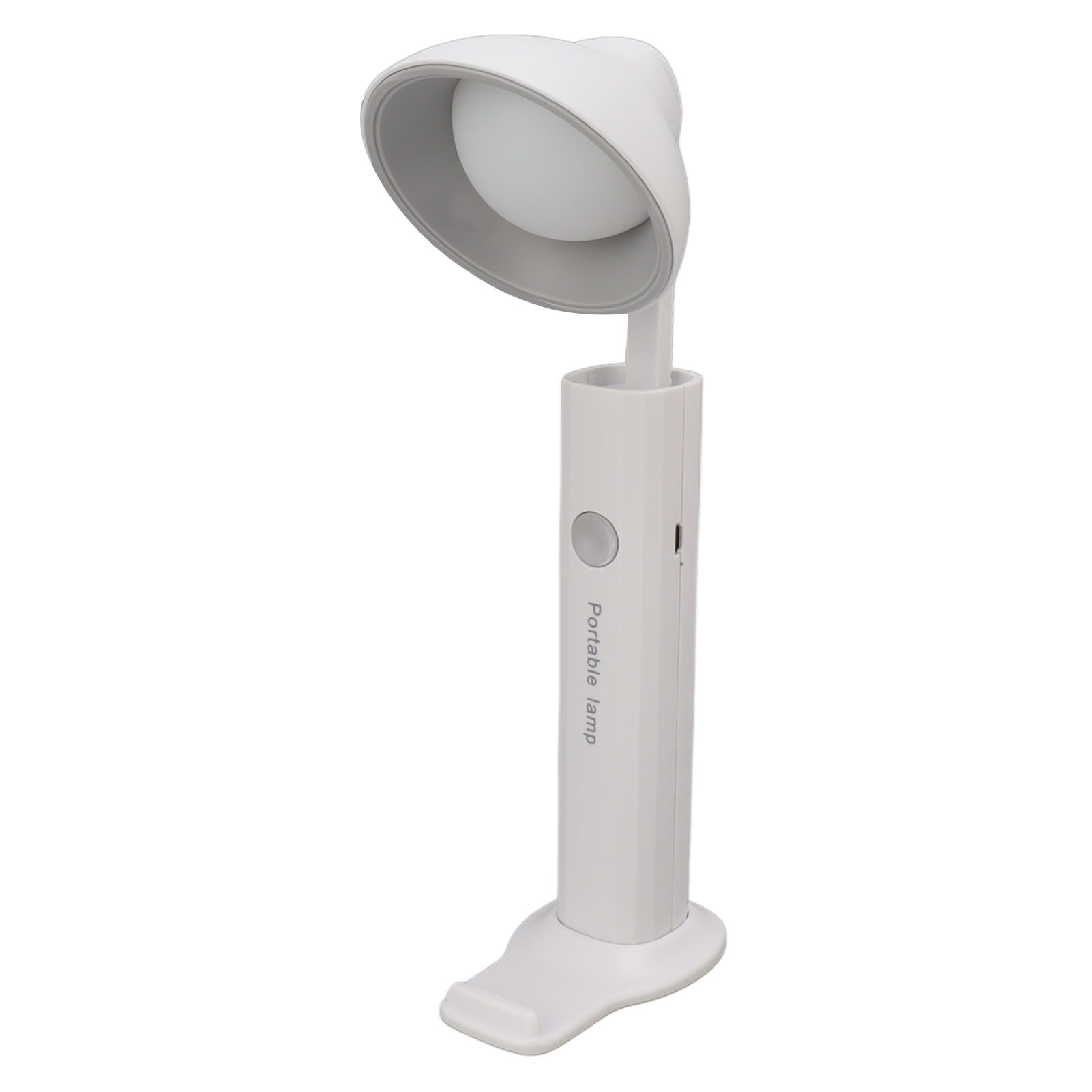 Eine weiße tragbare Lampe mit gebogenem Kopf und Fuß. Sie hat einen Knopf und einen USB-Anschluss.