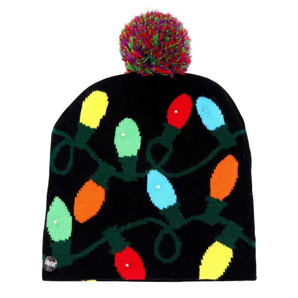 Schwarze Mütze mit Weihnachtslichtern. Mehrfarbiger Bommel oben. Lichter: gelb, grün, rot, orange und blau.