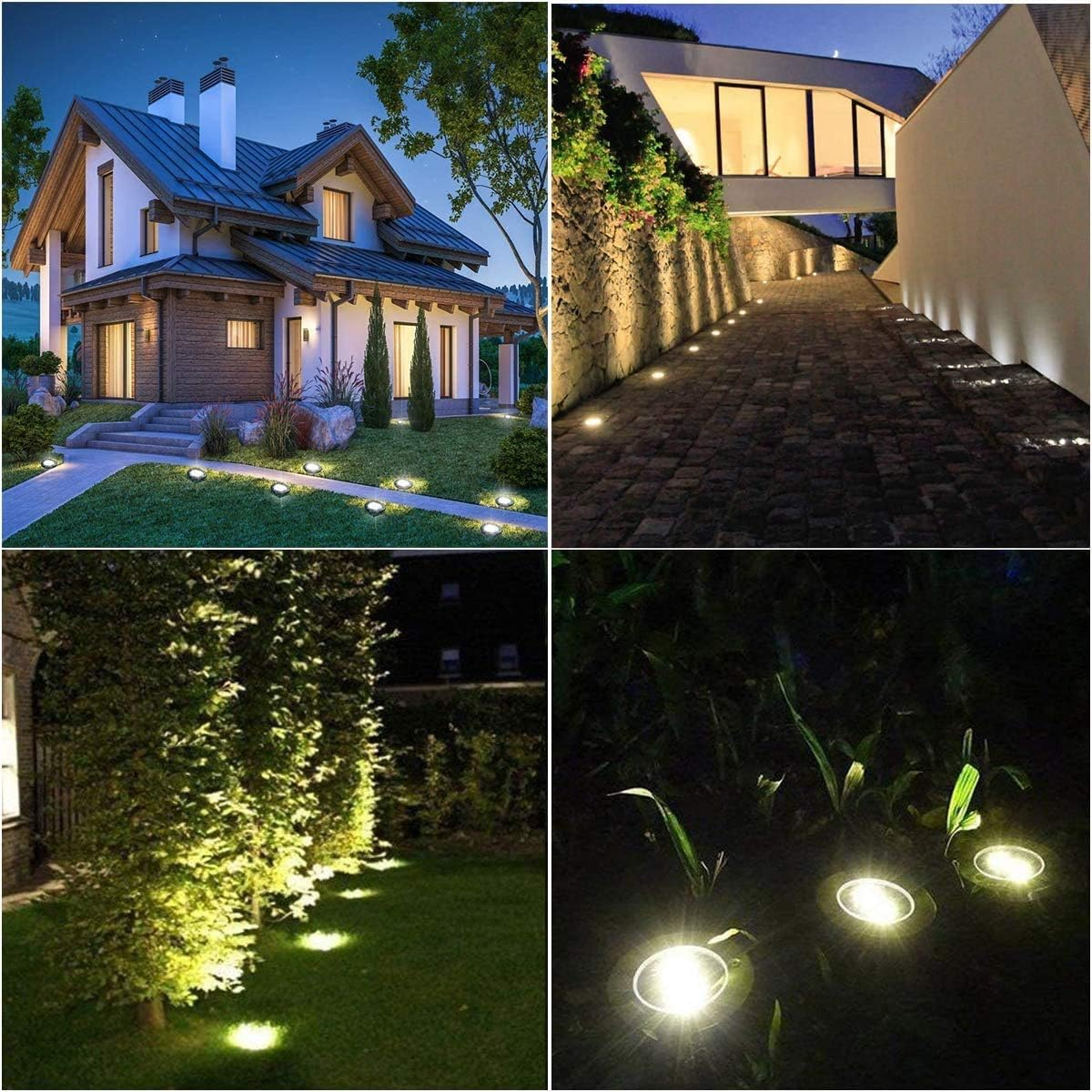 Vier Bilder mit Außenbeleuchtung. Eines zeigt ein Haus mit Wegbeleuchtung. Andere zeigen Weg- und Gartenbeleuchtung bei Nacht.