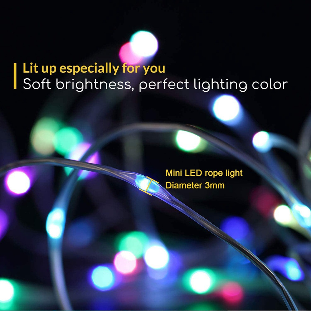 Nahaufnahme einer Lichterkette mit bunten LED-Leuchten. Text-Overlay: 'Speziell für dich' und Produktspezifikationen.