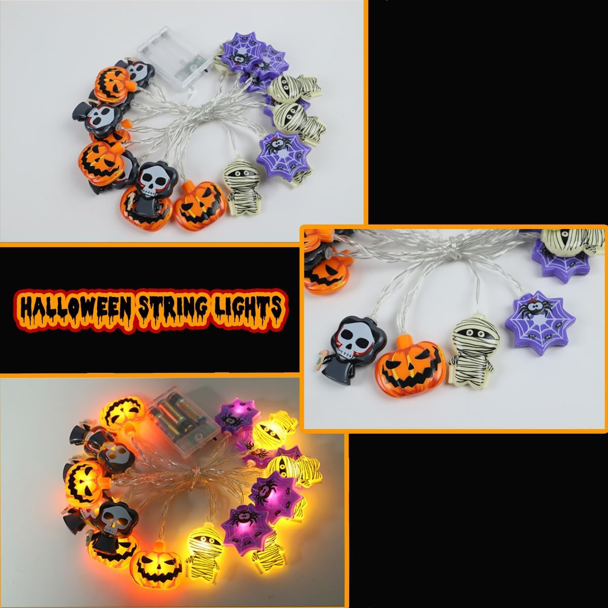 Halloween-Lichterketten mit Kürbis-, Totenkopf-, Mumien- und Spinnennetzformen. Orange, Schwarz, Lila und Weiß.
