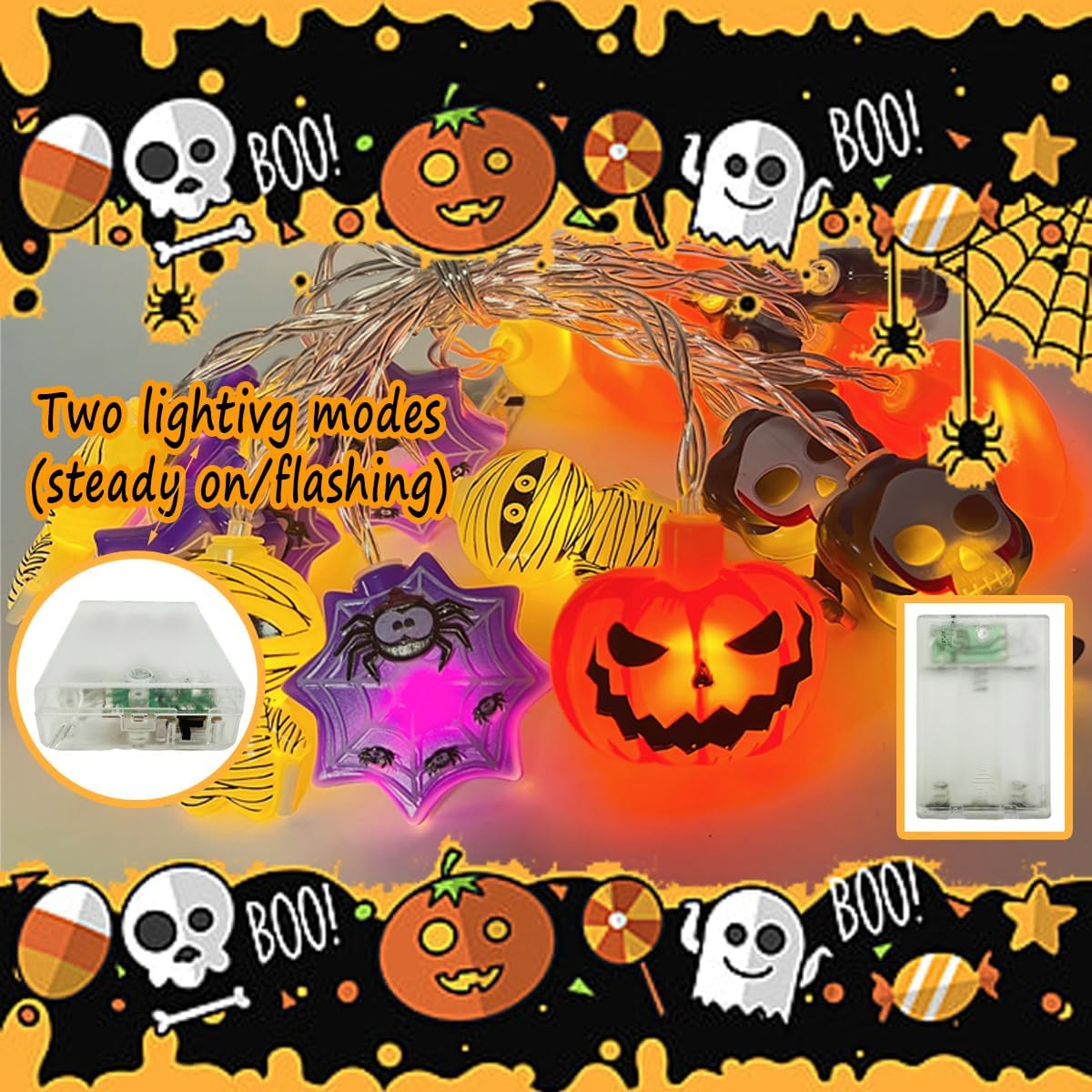Halloween-Lichterkette mit Kürbissen, Totenköpfen, Geistern und Spinnen. Die Lichter haben zwei Modi: Dauerlicht oder Blinken.