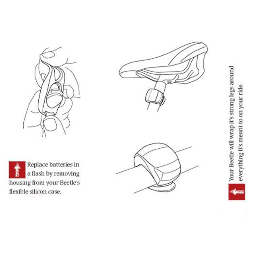 Diagramm mit Fahrradteilen und Anweisungen. Es zeigt einen Sattel, ein Licht und eine Hand, die ein Teil entfernt. Text: Batterien ersetzen.