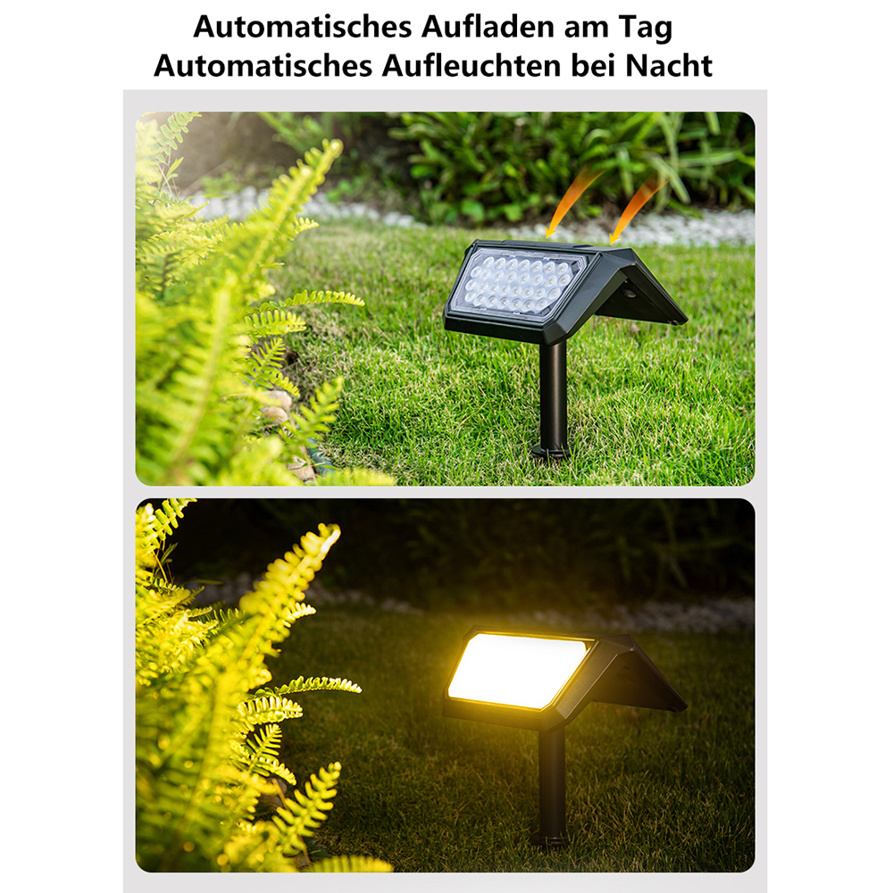 Solar-Gartenleuchte in zwei Szenen: Tag und Nacht. Grünes Gras und Pflanzen umgeben die Leuchte. Die Leuchte ist schwarz mit weißem Licht.