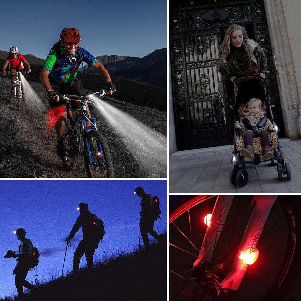 Radfahrer mit hellen Lichtern an Fahrrädern, eine Frau, die einen Kinderwagen schiebt, Wanderer mit Stirnlampen und eine Nahaufnahme eines Fahrradrads mit Lichtern.