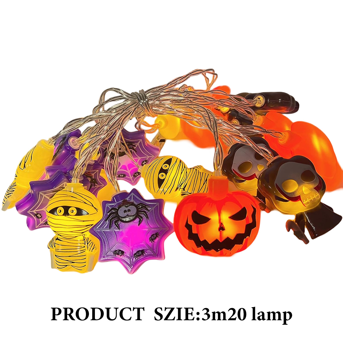 Halloween-Lichterkette. Mumien-, Spinnennetz-, Kürbis- und Totenkopf-Lichter in verschiedenen Farben. Produktgröße: 3m20 Lampe.