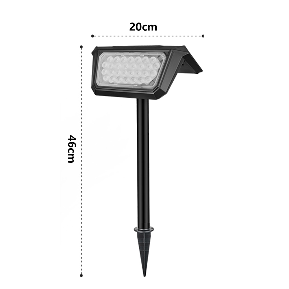 Schwarze solarbetriebene Gartenleuchte. Sie hat ein rechteckiges Lichtpaneel mit vielen kleinen Lichtern und einen langen Pfahl.