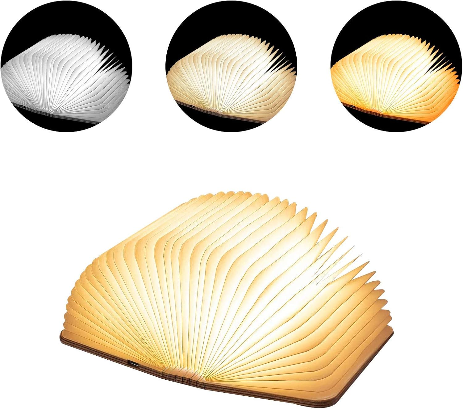 Eine offene, buchförmige Lampe. Die Seiten der Lampe leuchten warm, und es gibt drei Versionen der Lampe im Kreis.