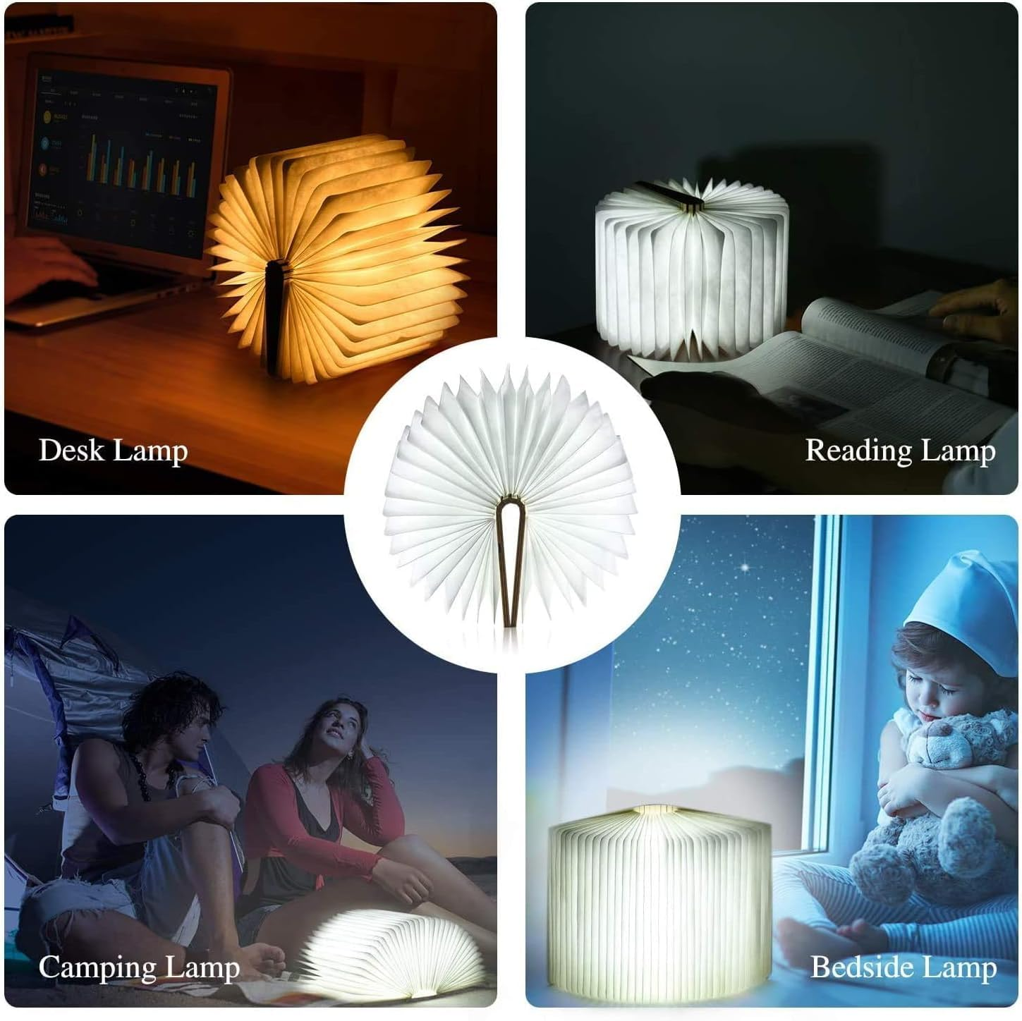 Eine buchförmige Lampe beleuchtet vier Szenen: einen Schreibtisch mit Laptop, eine lesende Person, ein Paar beim Camping und ein Kind am Fenster.