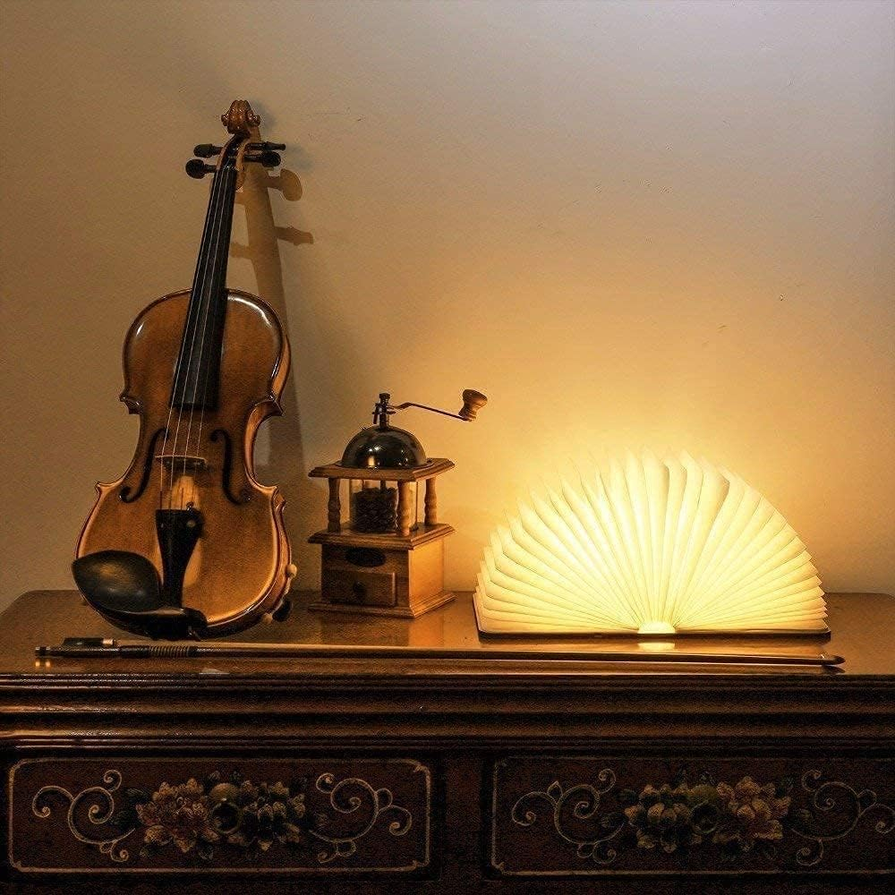 Eine Geige, eine Kaffeemühle und eine buchförmige Lampe stehen auf einem Holztisch. Der Hintergrund ist eine schlichte Wand mit sanfter Beleuchtung.