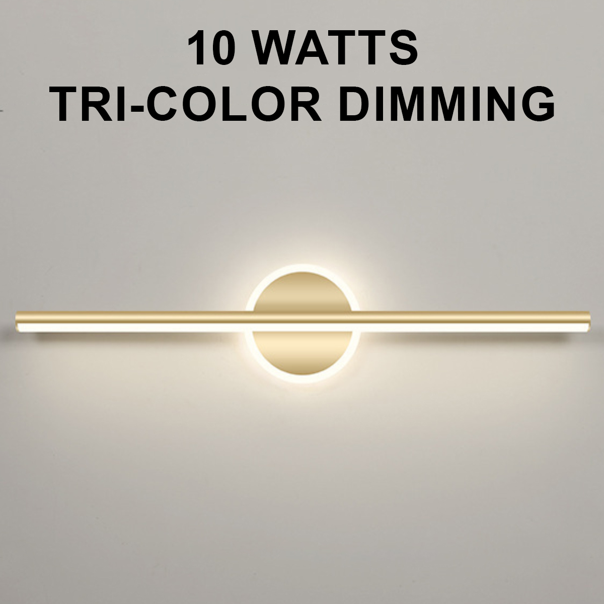 Eine goldfarbene, moderne Wandleuchte mit kreisförmiger Mitte und horizontalem linearem Licht. Oben steht '10 WATTS TRI-COLOR DIMMING'.