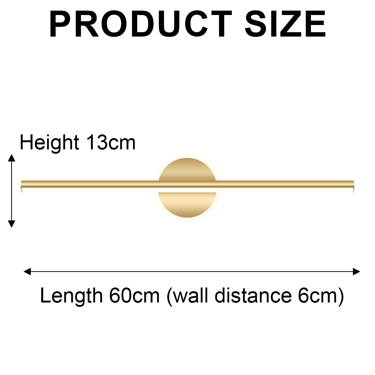 Das Bild zeigt Produktdetails. Eine goldene Lampe mit Abmessungen: Höhe 13cm, Länge 60cm, Wandabstand 6cm. Text PRODUKTGRÖSSE oben.