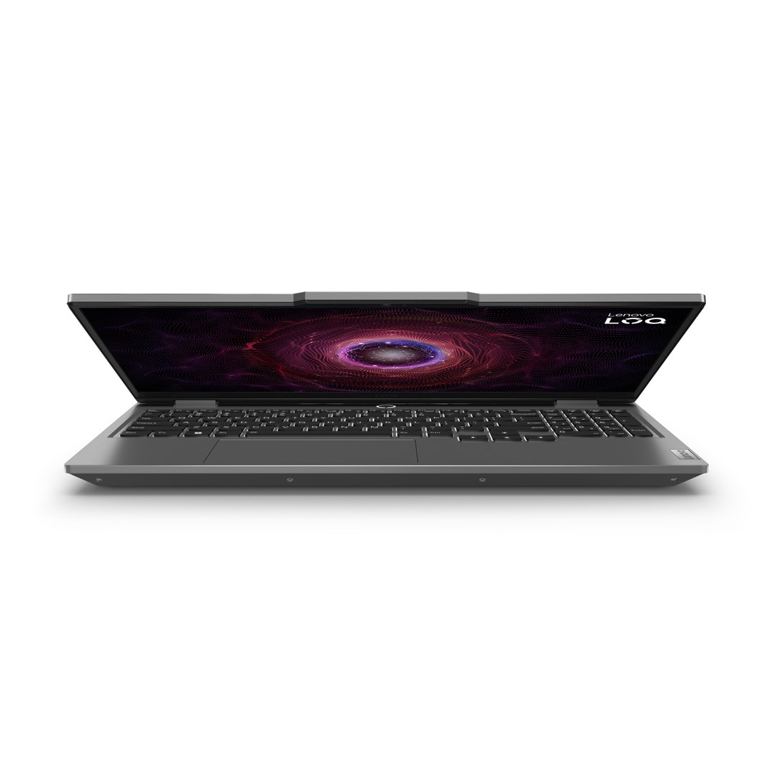 Ein Lenovo L7 Laptop ist geöffnet und zeigt eine wirbelnde lila und rote Grafik. Der Laptop ist grau, auf weißem Hintergrund.