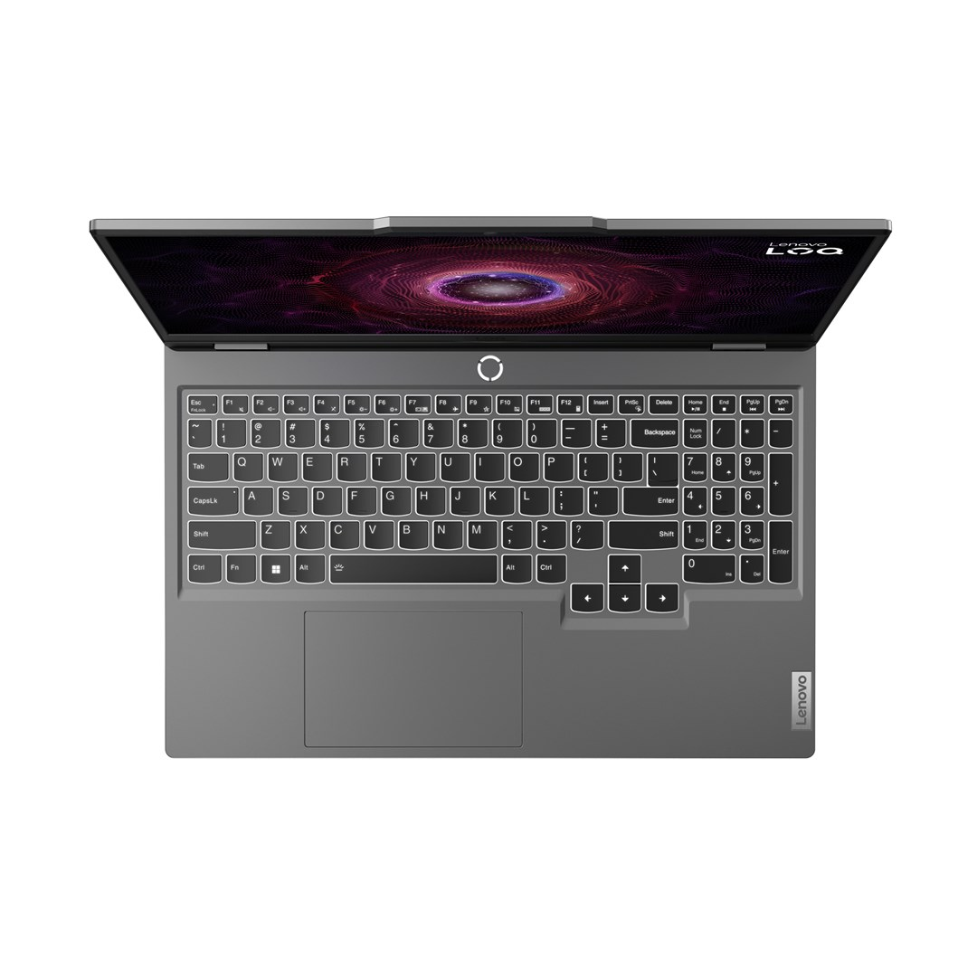 Draufsicht auf einen grauen Lenovo-Laptop. Der Bildschirm zeigt eine lila Grafik. Tastatur und Trackpad sind sichtbar.