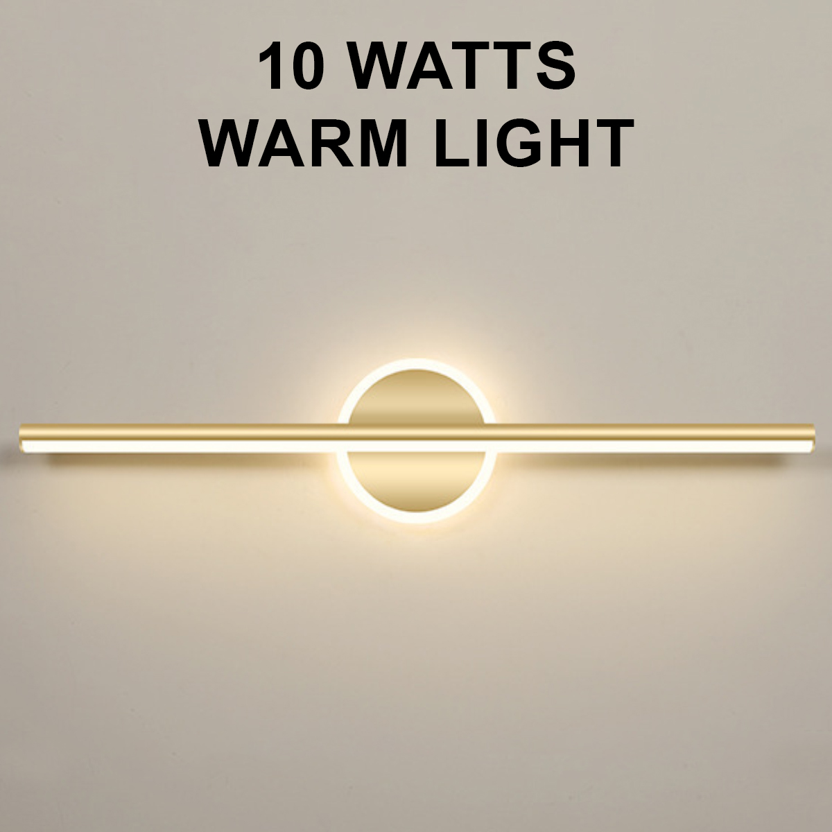 Eine goldene, beleuchtete Wandleuchte. Sie hat ein zentrales kreisförmiges Element mit einem horizontalen Lichtbalken.