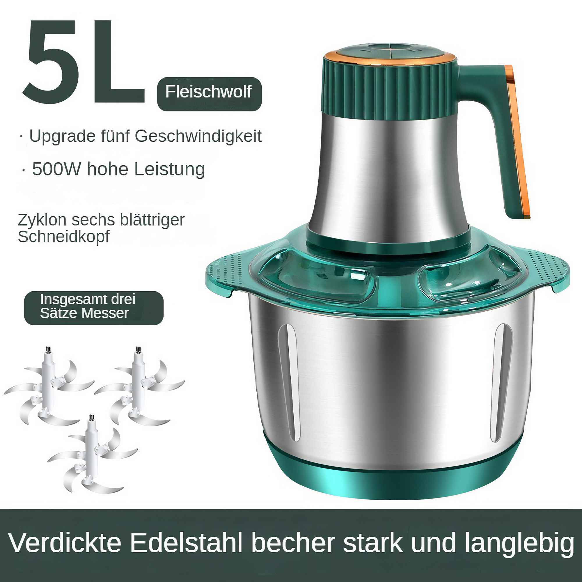 Ein silberner und grüner Foodprozessor mit Klingen. Der Text enthält 5L, Fleischwolf und Spezifikationen wie 500W und 3 Messersätze.