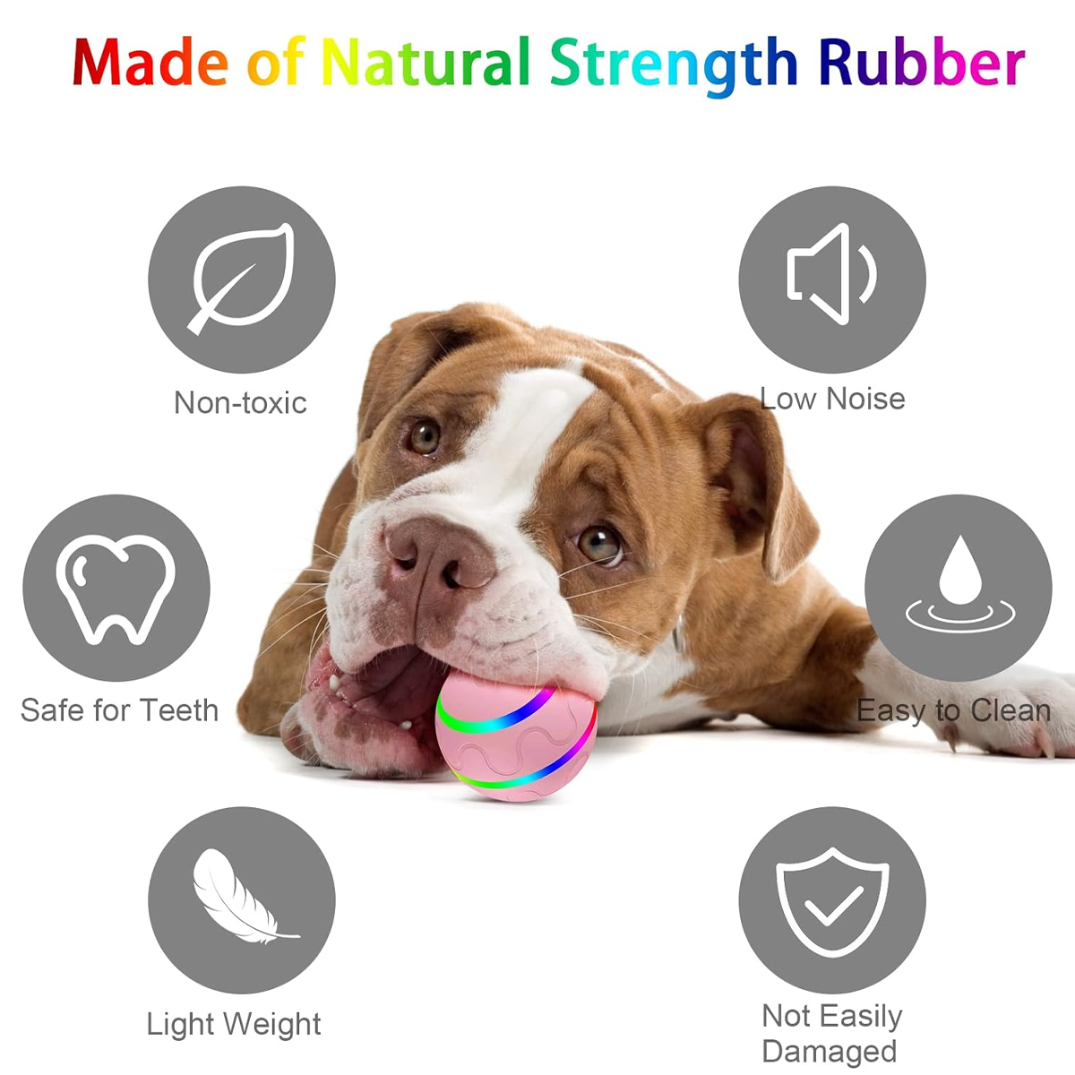 Ein Hund hält einen rosa Ball mit farbigen Streifen. Text um den Hund herum sagt 'Made of Natural Strength Rubber' und beschreibt die Ballmerkmale.