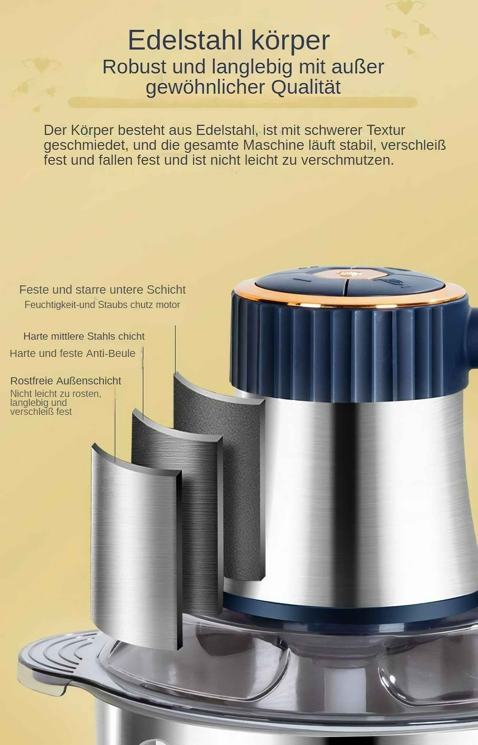 Querschnitt eines Food-Processors mit Stahlschichten. Deutscher Text beschreibt die Qualität.