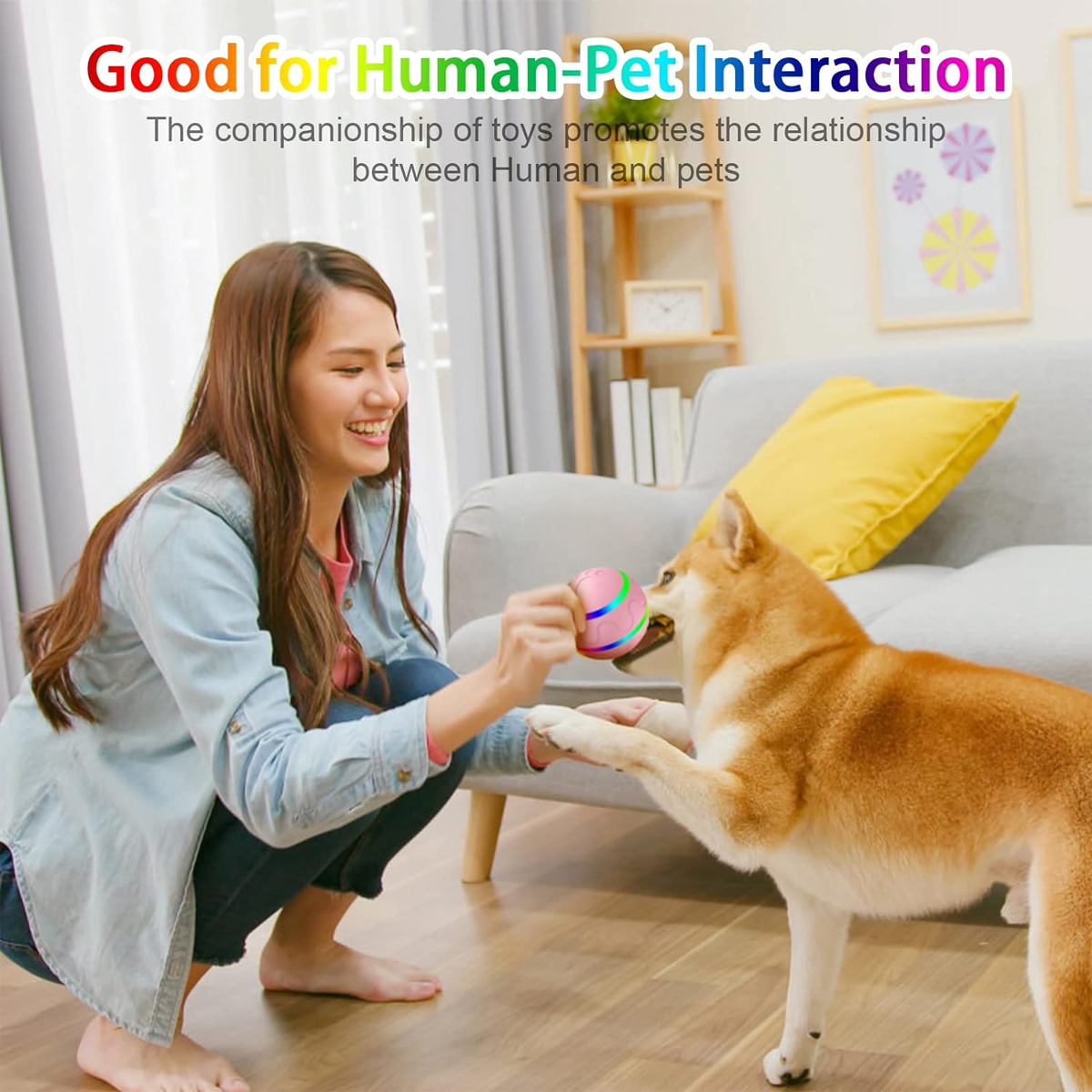 Eine Frau spielt mit einem Hund mit einem bunten Ball. Der Hund ist braun. Die Frau lächelt, und der Schauplatz ist drinnen.