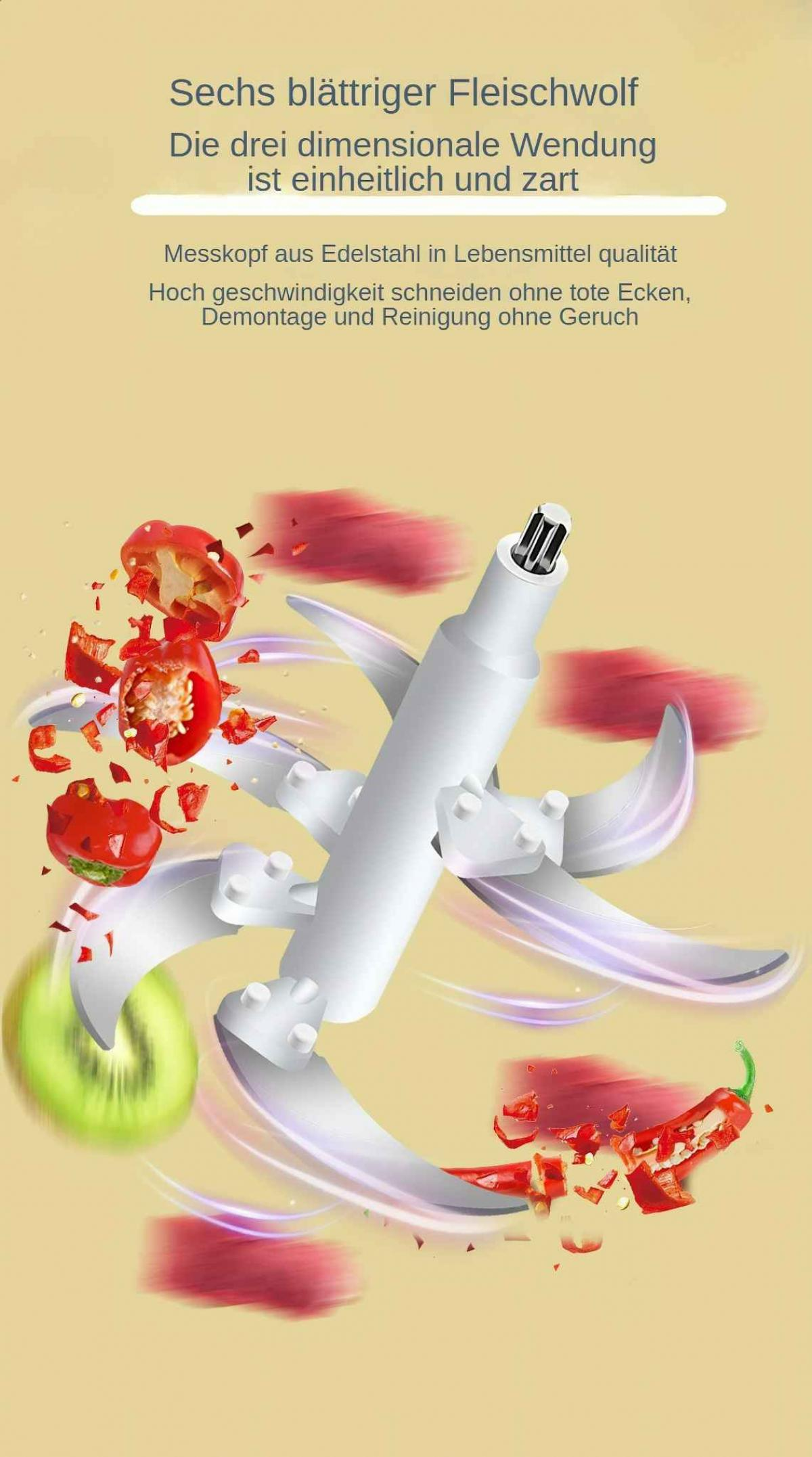 Ein Lebensmittelzerkleinerer mit Klingen, die rote Paprika und eine grüne Kiwi schneiden. Der Hintergrund ist gelb mit Text.