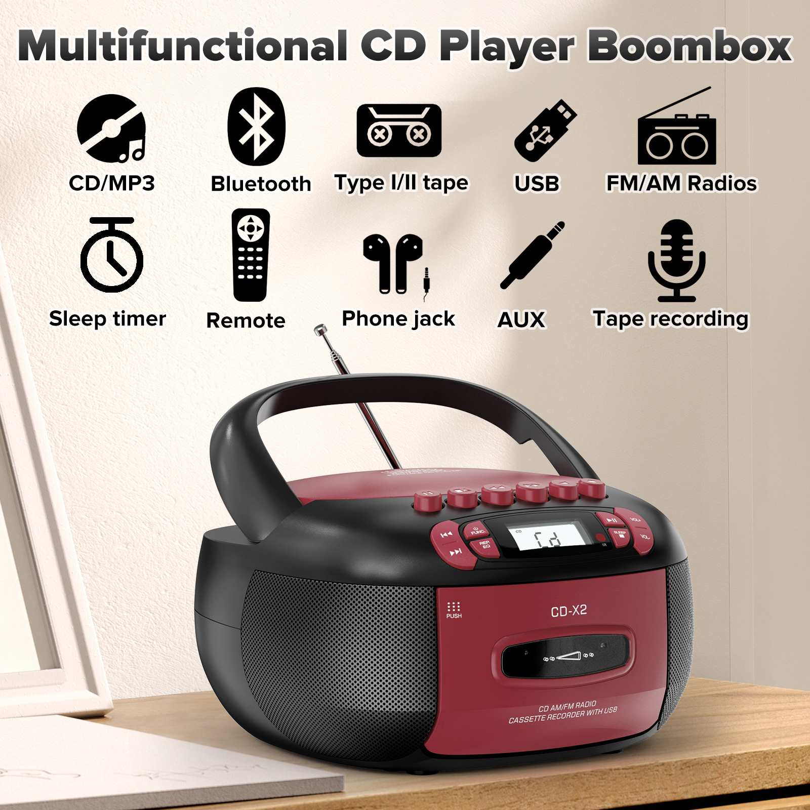 Schwarze und rote Boombox mit CD-Player, Bluetooth, USB und Kassettenfunktion auf Holzoberfläche.