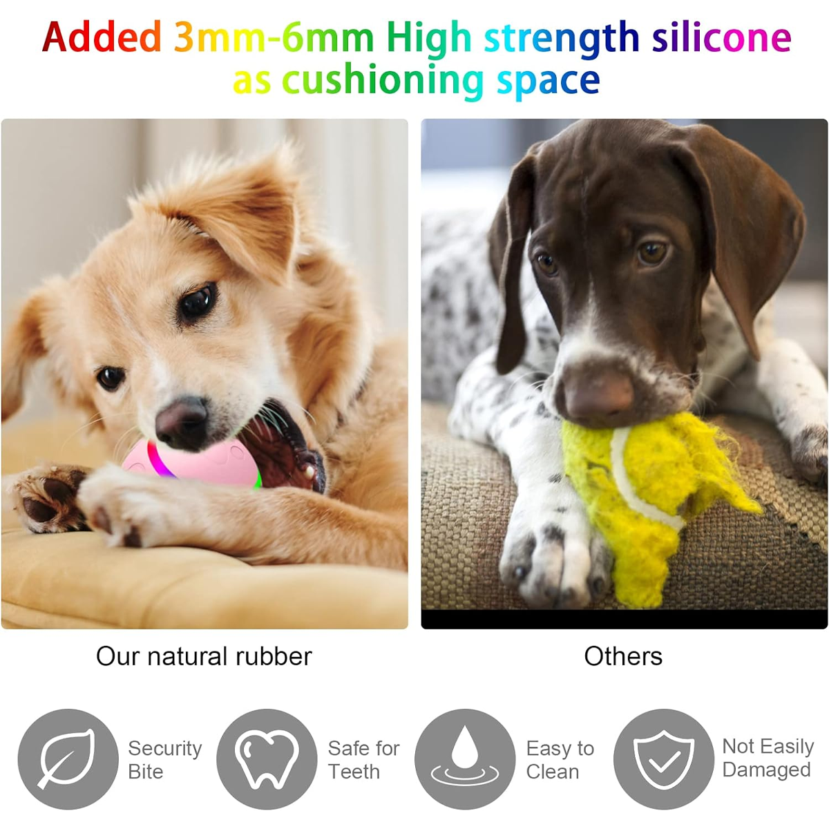 Zwei Hunde mit Spielzeug. Einer kaut auf einem rosa Ball, der andere hält einen gelben Tennisball. Text zeigt Eigenschaften.