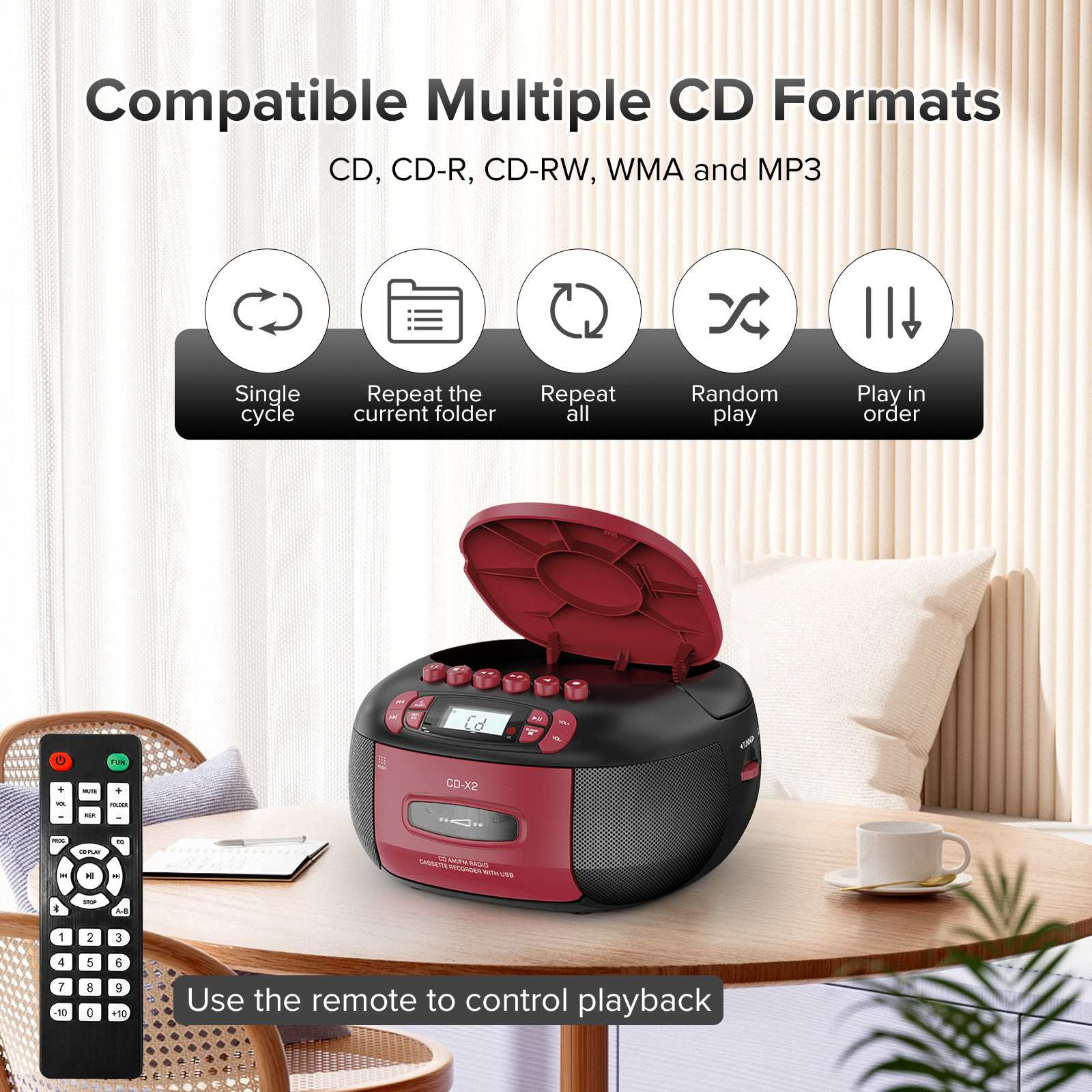 Ein schwarz-roter CD-Player mit Fernbedienung auf einem Holztisch. Zu den Funktionen gehören CD-Player-Funktionen.