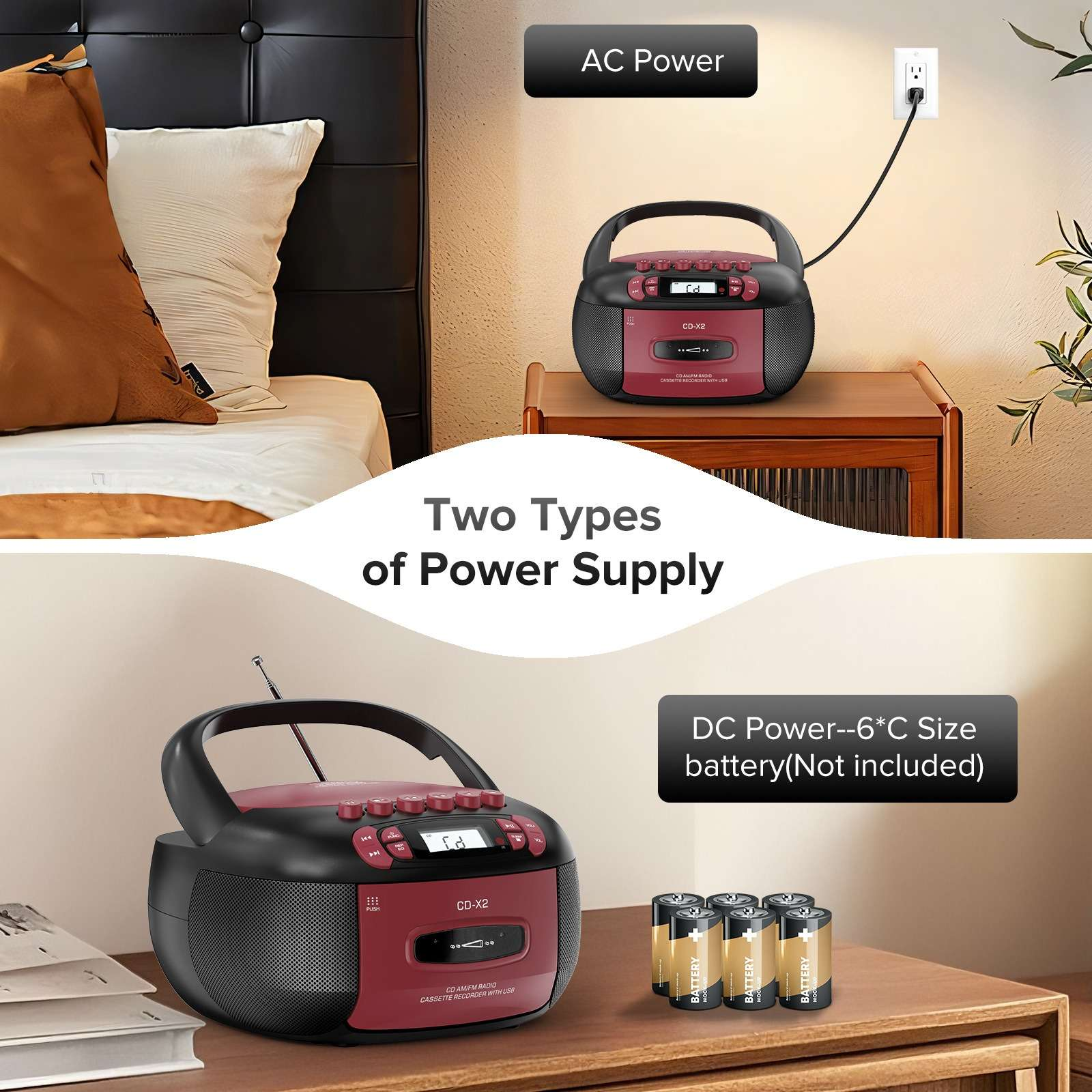 Ein CD-Player mit zwei Stromversorgungsoptionen. Eines ist Wechselstrom, das andere verwendet Batterien, im Hintergrund ist ein Bett zu sehen.