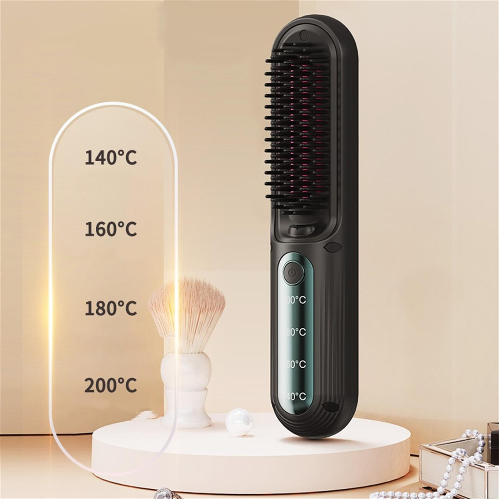 Eine schwarze Haarglättungsbürste mit Temperatureinstellungen. Sie steht auf einer weißen Plattform mit einem Make-up-Pinsel.