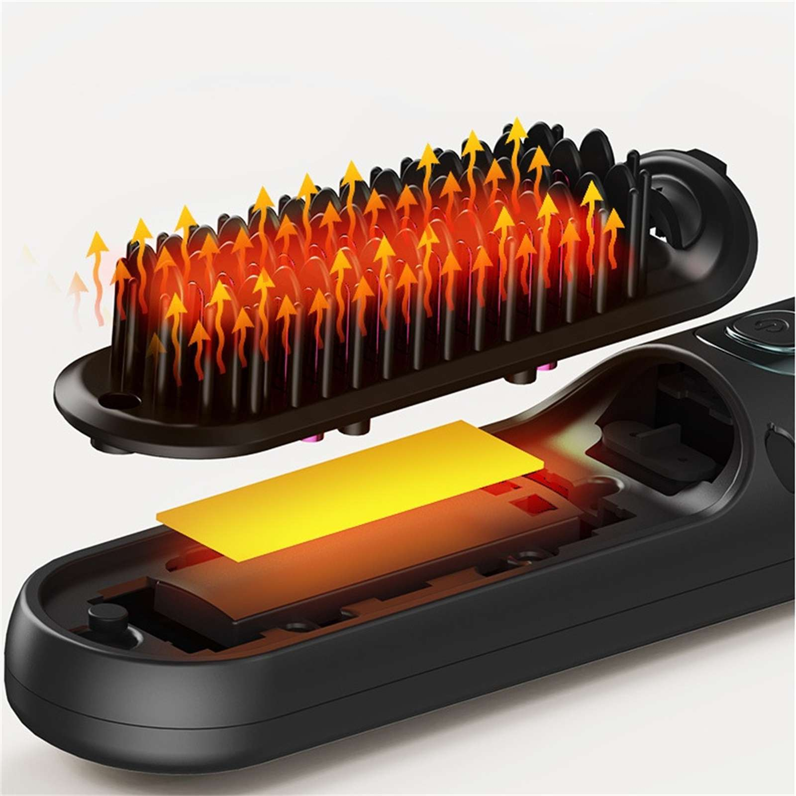 Schwarzer Haarglätter mit orangenen Pfeilen, die Hitze anzeigen. Das Gerät ist geöffnet und zeigt das Heizelement.