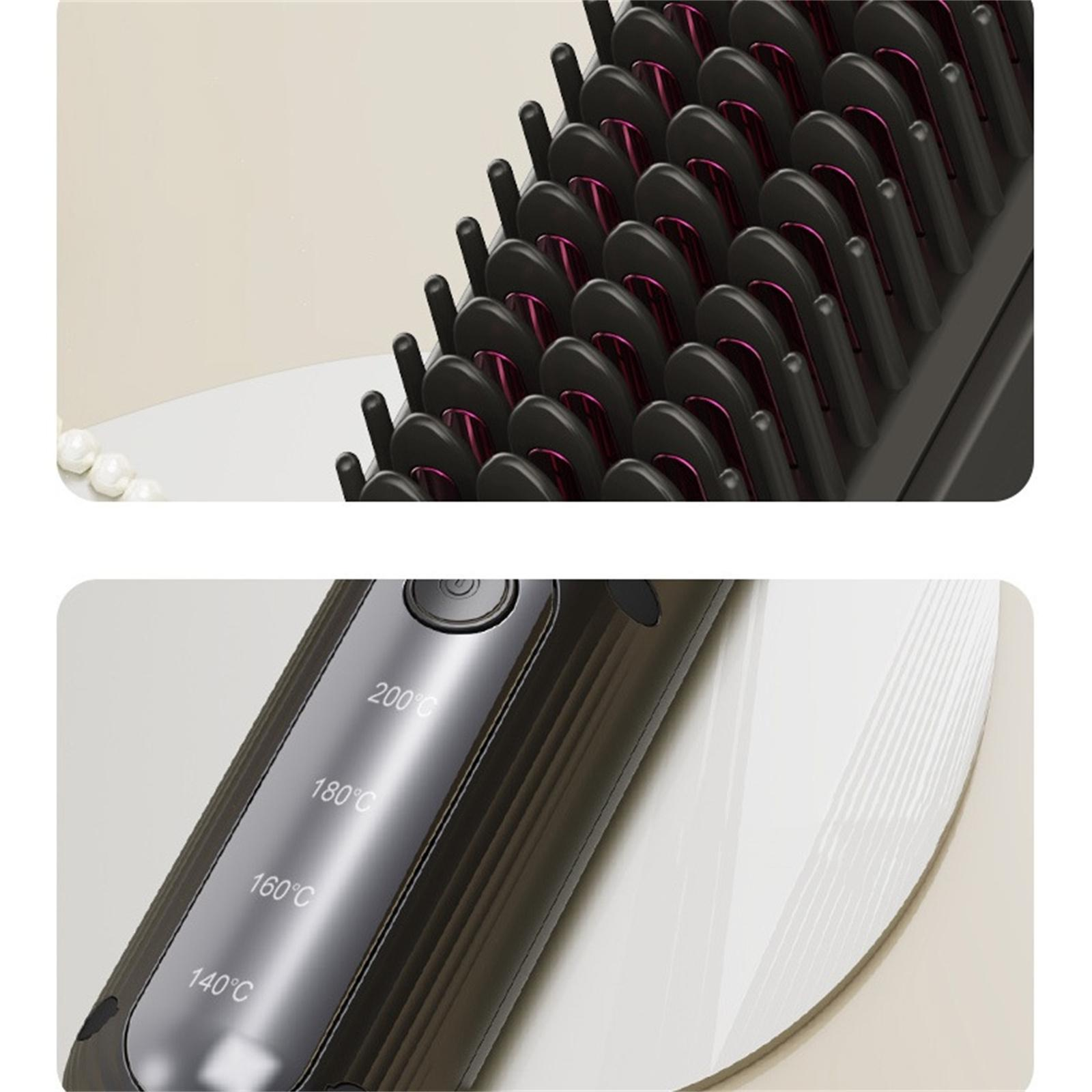Nahaufnahme eines Haarglätters. Schwarzer Kamm mit rosa Akzenten und Temperatureinstellungen.