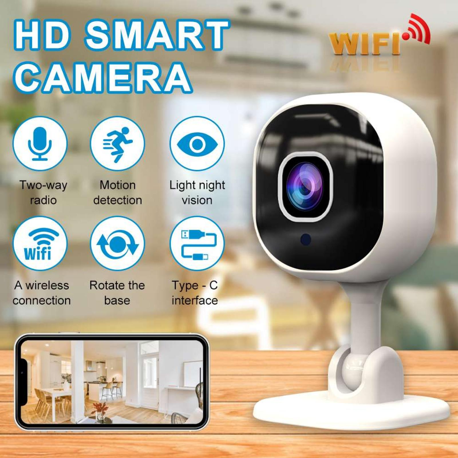 Weiße HD-Smart-Kamera mit schwarzer Linse, Funktionen wie Bewegungserkennung und Nachtsicht, ein Telefon zeigt ein Interieur.