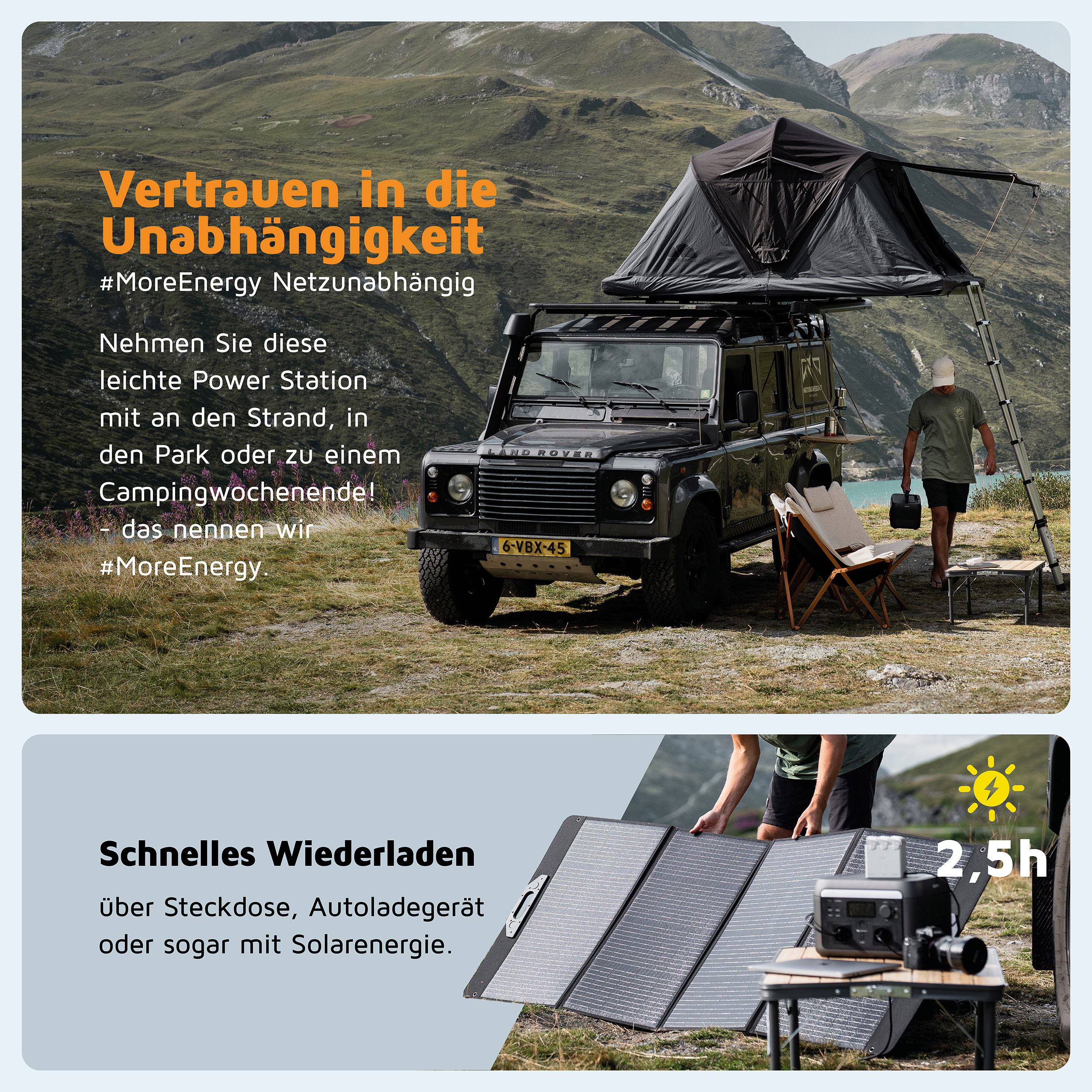 Ein schwarzer Land Rover mit Dachzelt parkt an einem See. Eine Person geht mit einer tragbaren Powerstation.