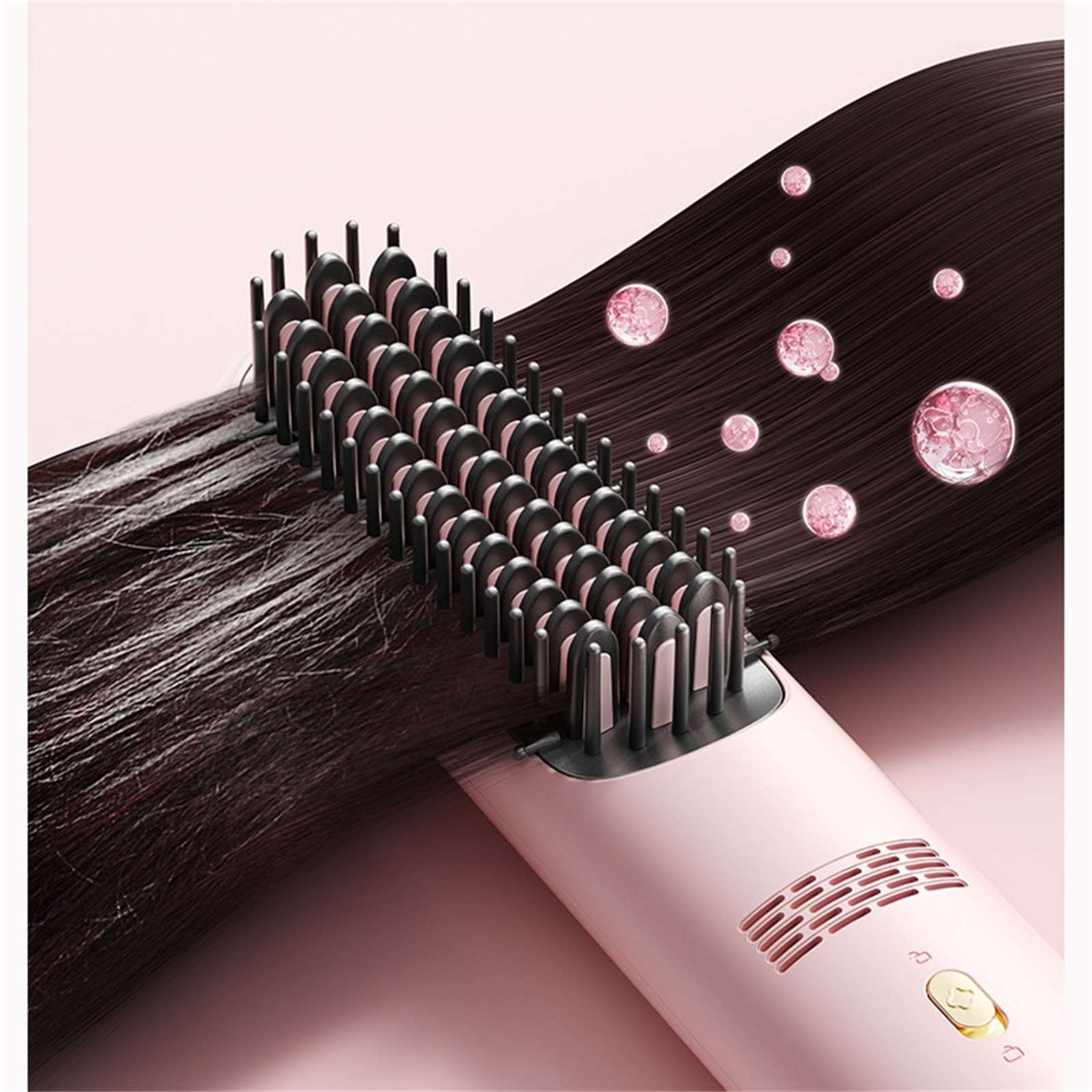 Ein rosa Haarglätter mit schwarzen Borsten glättet dunkles Haar. Rosa Blasen schweben im Hintergrund.