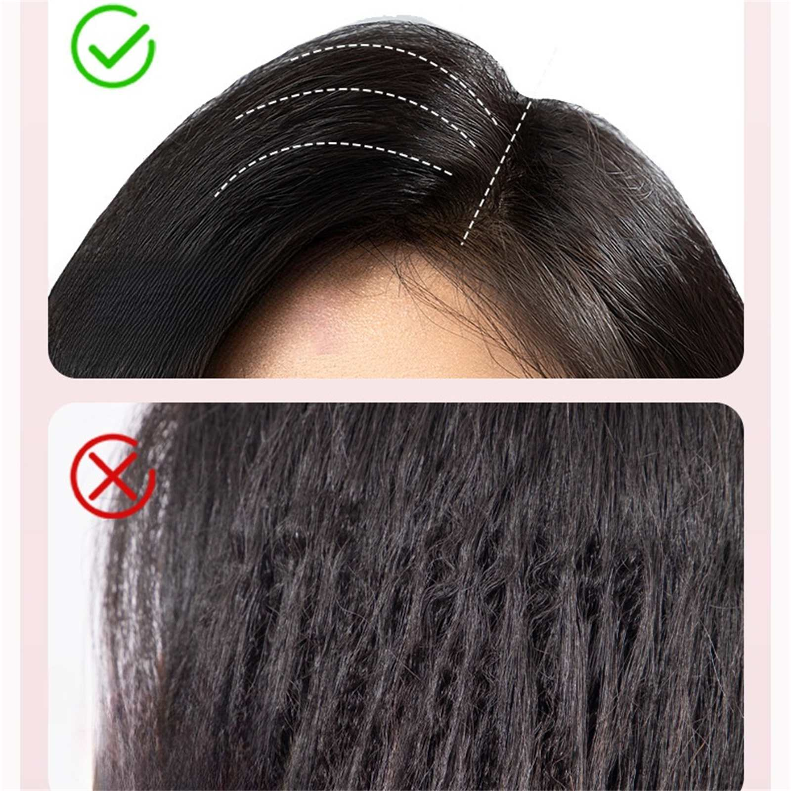 Das Bild zeigt einen Vergleich von zwei Haartexturen. Die Oberseite ist glatt, die Unterseite sehr strukturiert. Häkchen- und Kreuzsymbole.