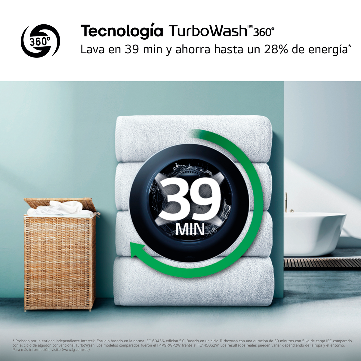 La imagen muestra toallas, un gráfico de lavadora con "39 MIN" y una cesta de ropa. Texto: TurboWash 360, lava en 39 min y ahorra energía.