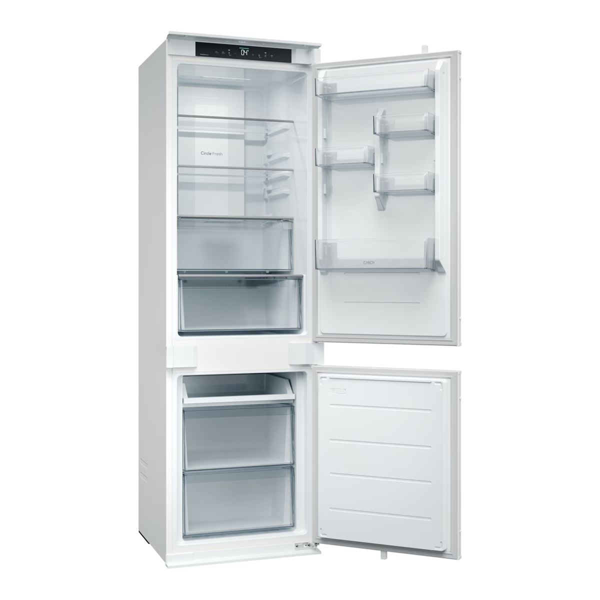 Un frigorifero bianco con porte aperte. Ha diversi ripiani e cassetti. Le porte sono aperte, mostrando l'interno.