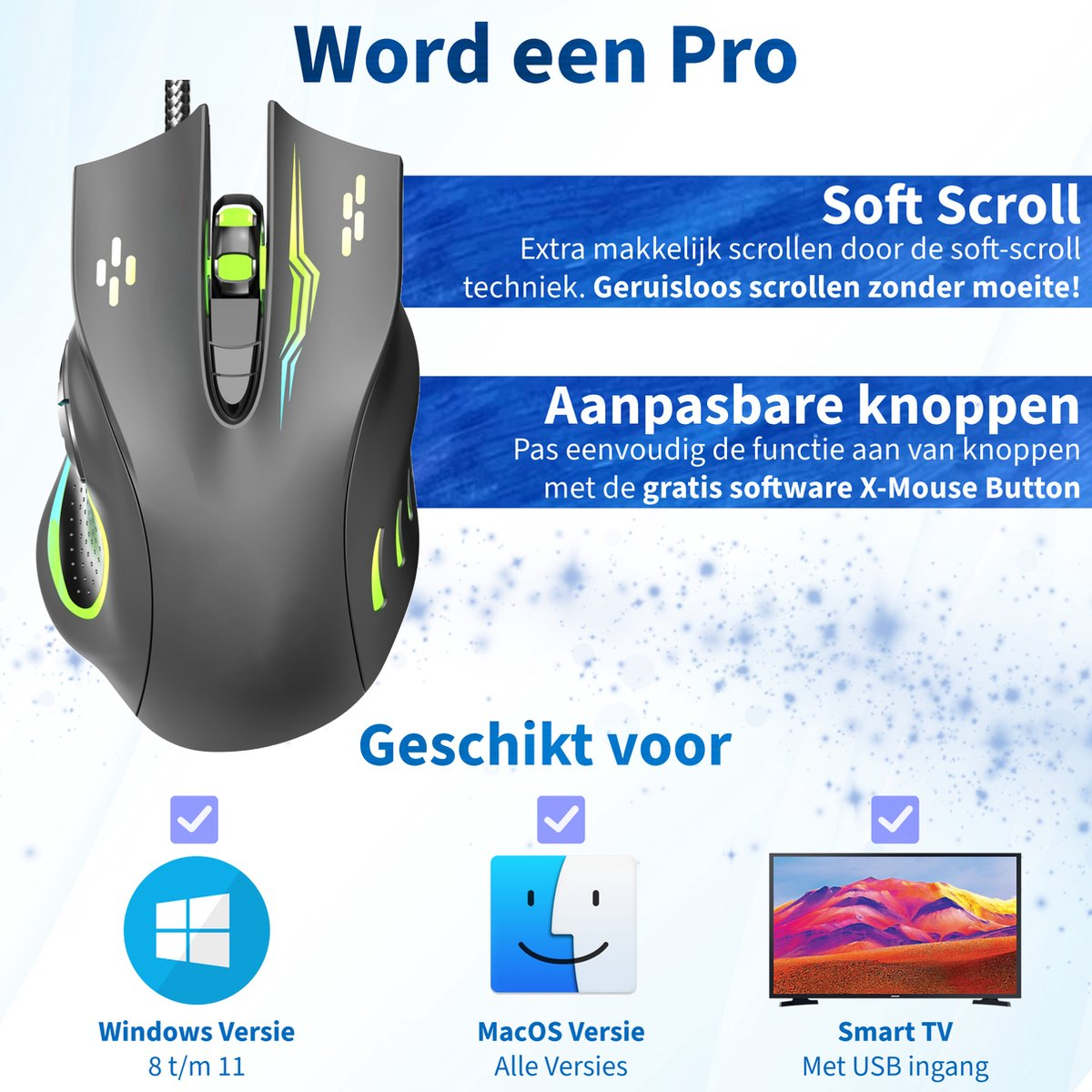 An image of a gaming mouse with adjustable buttons and soft scroll. It's compatible with Windows, macOS, and Smart TVs.