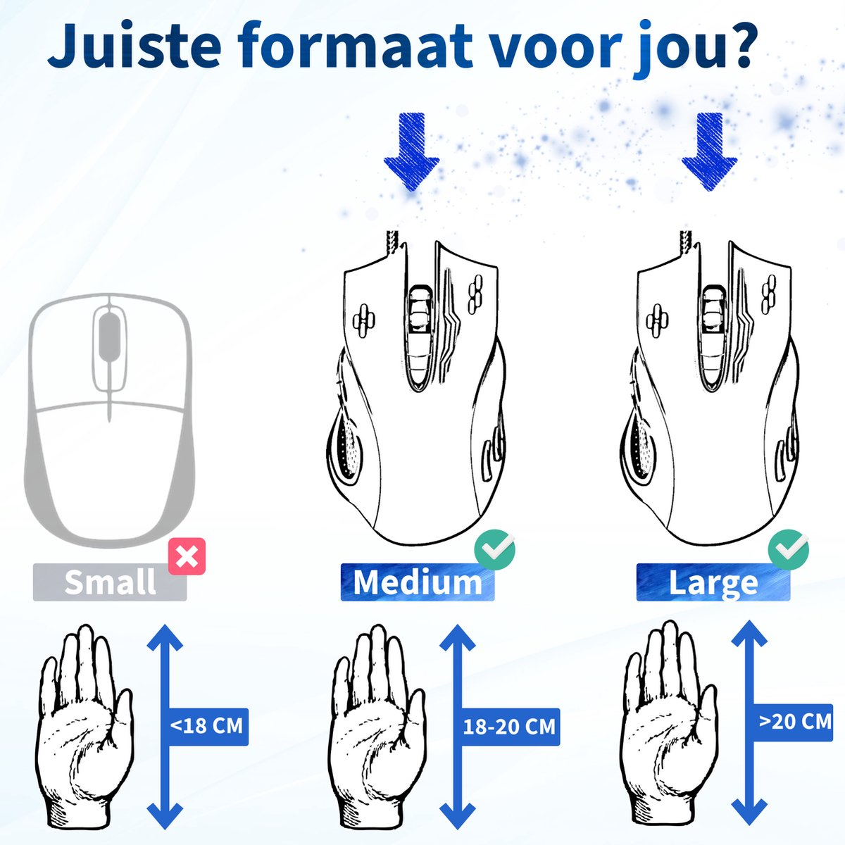 Image shows mouse sizes: small (X), medium (check), large (check), with hand size guidelines: <lt/>18cm, 18-20cm, <gt/>20cm.