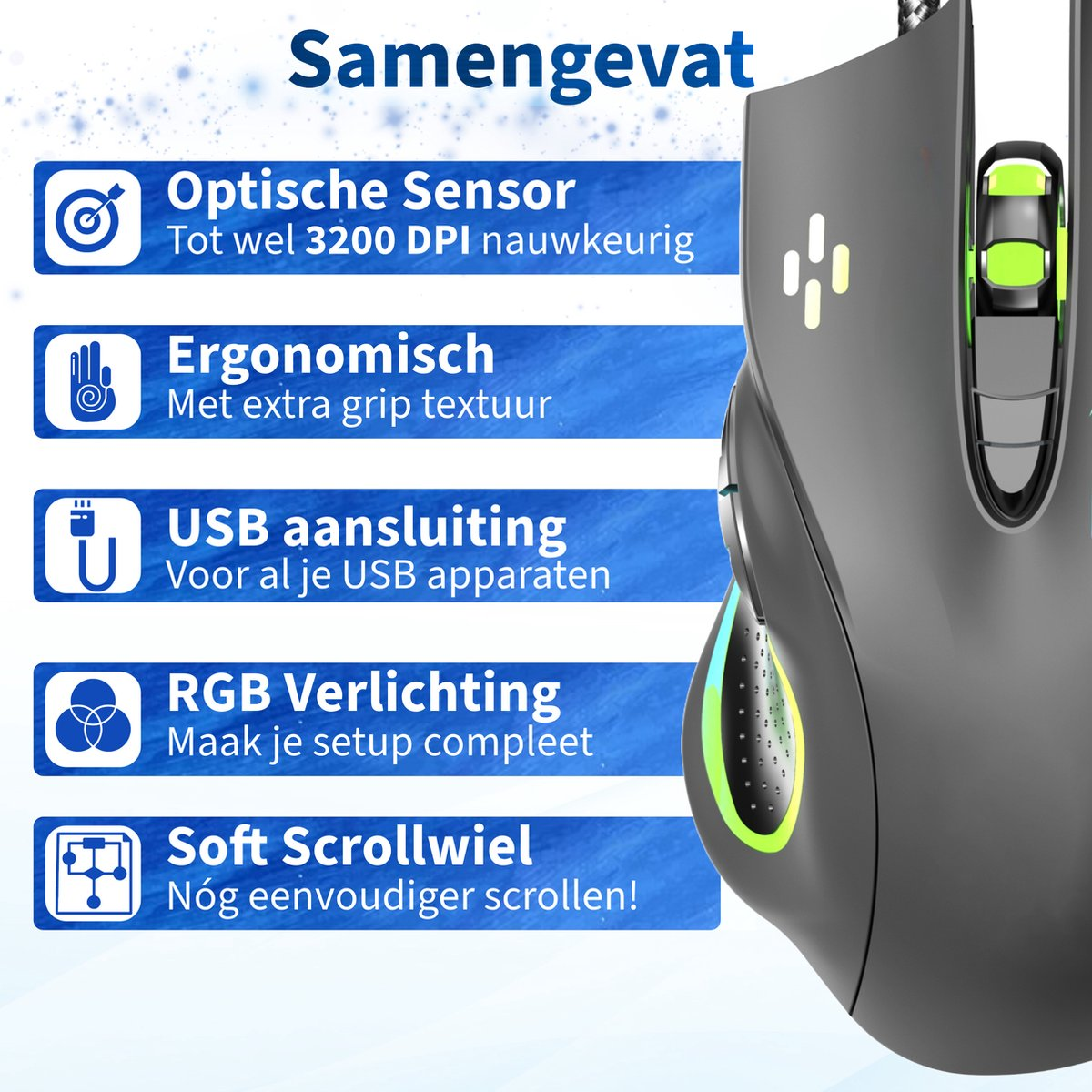 A black and gray ergonomic mouse with glowing accents. Features include optical sensor, USB, RGB lighting, and soft scroll wheel.