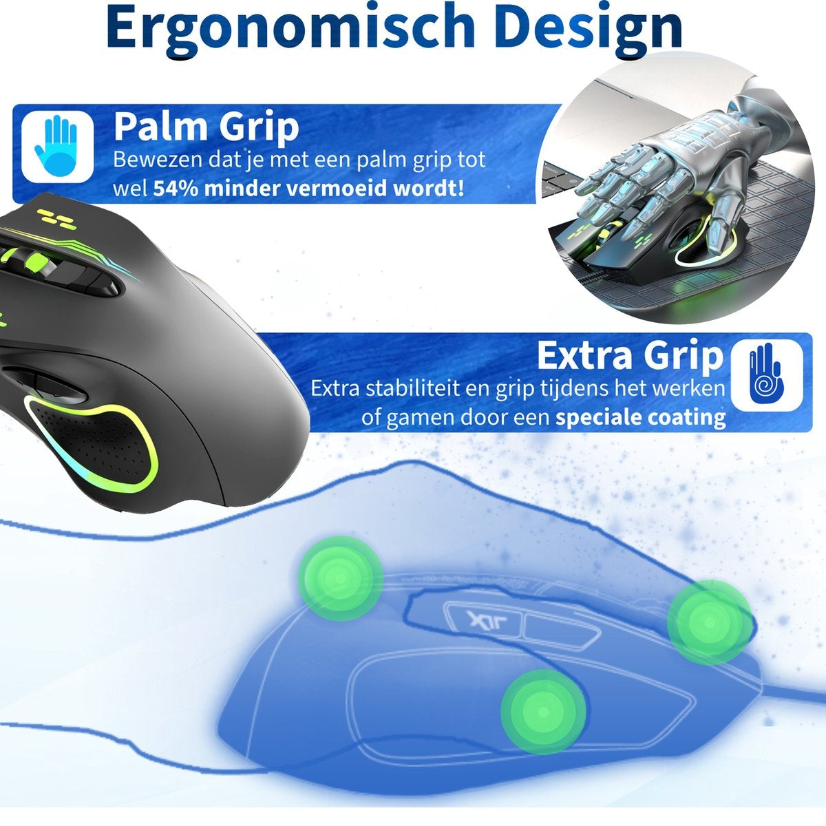 Image shows a black ergonomic mouse with green accents. Text highlights palm grip and extra grip features for gaming.