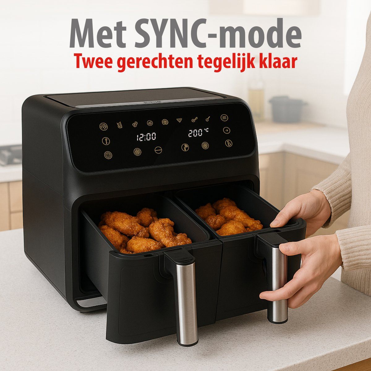 Een zwarte airfryer met twee compartimenten gevuld met gekookte kip. Een persoon houdt een van de bakken vast. Tekst bovenaan.
