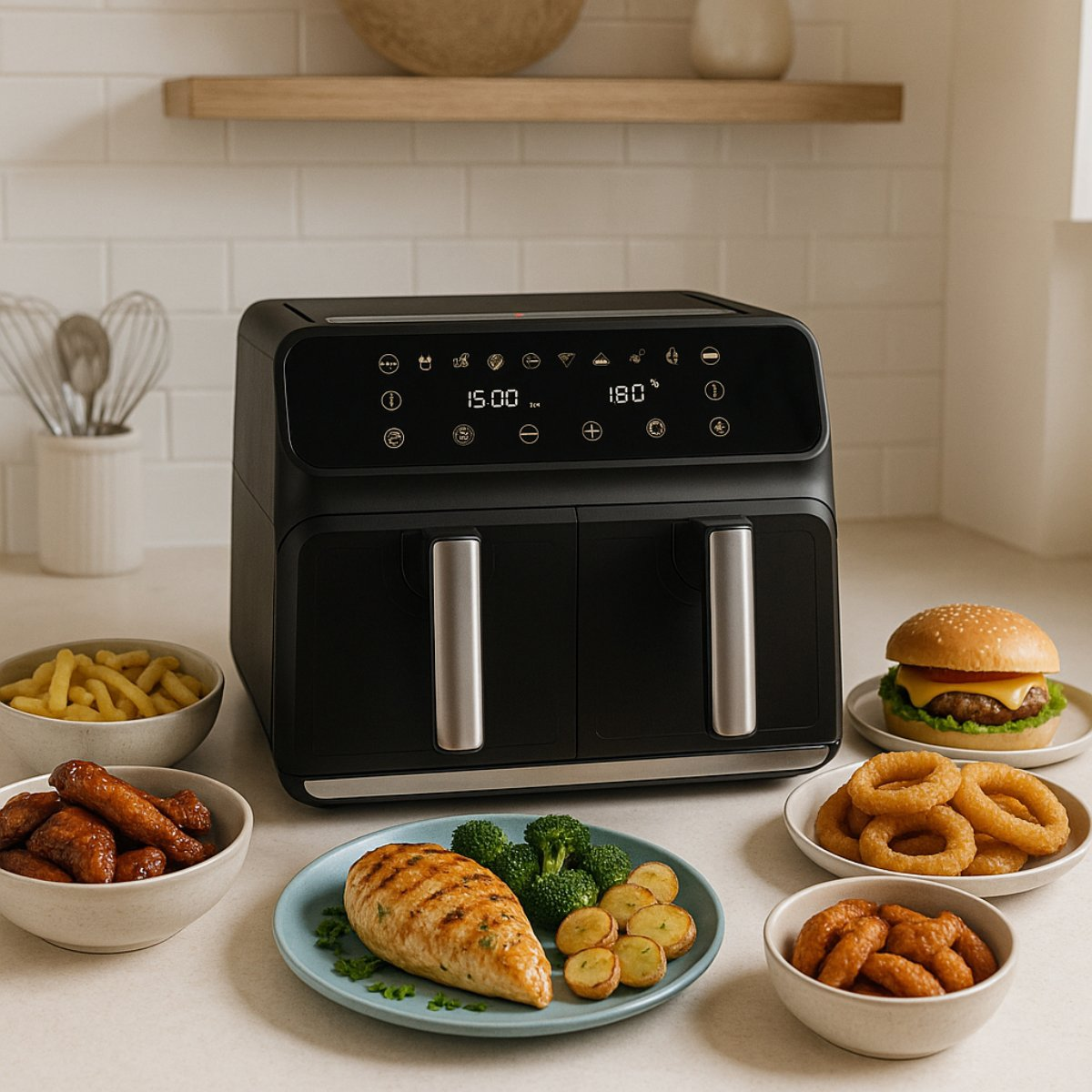Zwarte airfryer met voedsel zoals kip, friet, burger, uienringen. Keukenomgeving met witte tegelachtergrond.